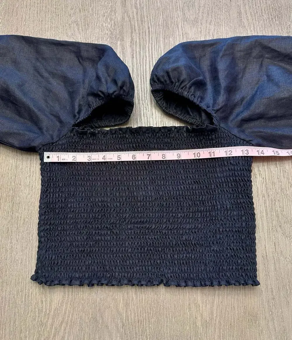 Reformation Scarlett Linen Smocked Puff Sleeve Crop Top Black Size 12